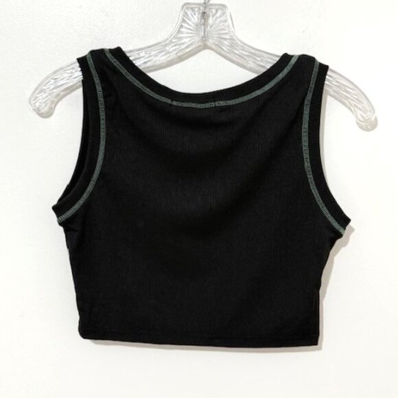Romwe Crop Tank Top Black Ribbed Good Times Skeleton Camping w/ Dog Size M - Picture 3 of 4